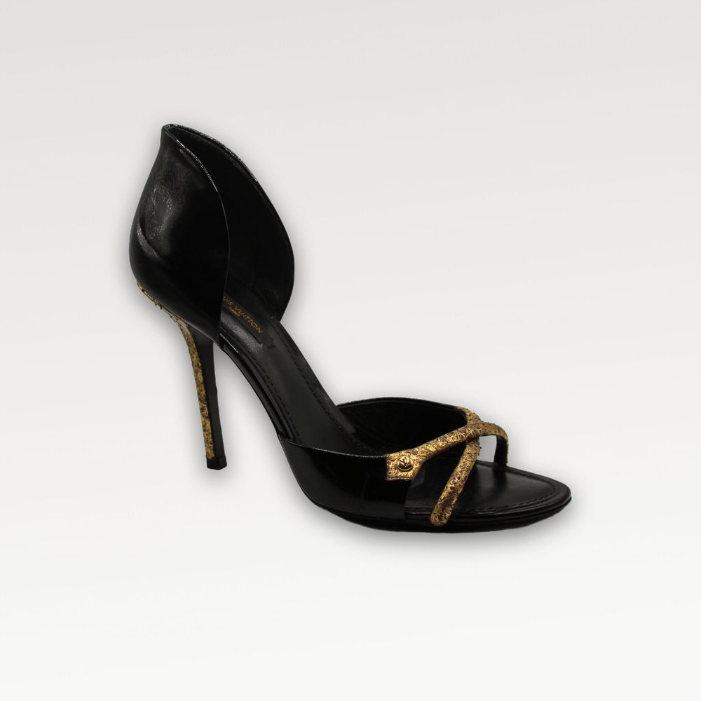 LOUIS VUITTON Open Toe Pump, Black Patent Leather, 10cm Heel - Picture 2 of 10